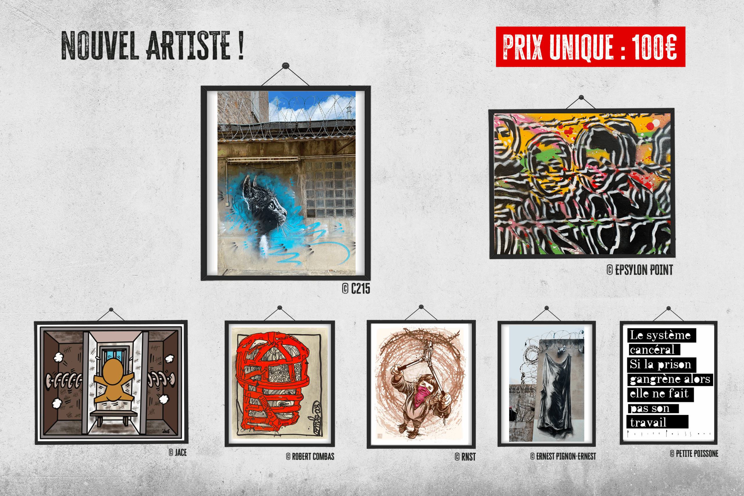 C215 rejoint les artistes qui soutiennent l'OIP. On peut voir la reproduction authentifiée de son oeuvre célébre représentant un chat sur un mur de prison. dont