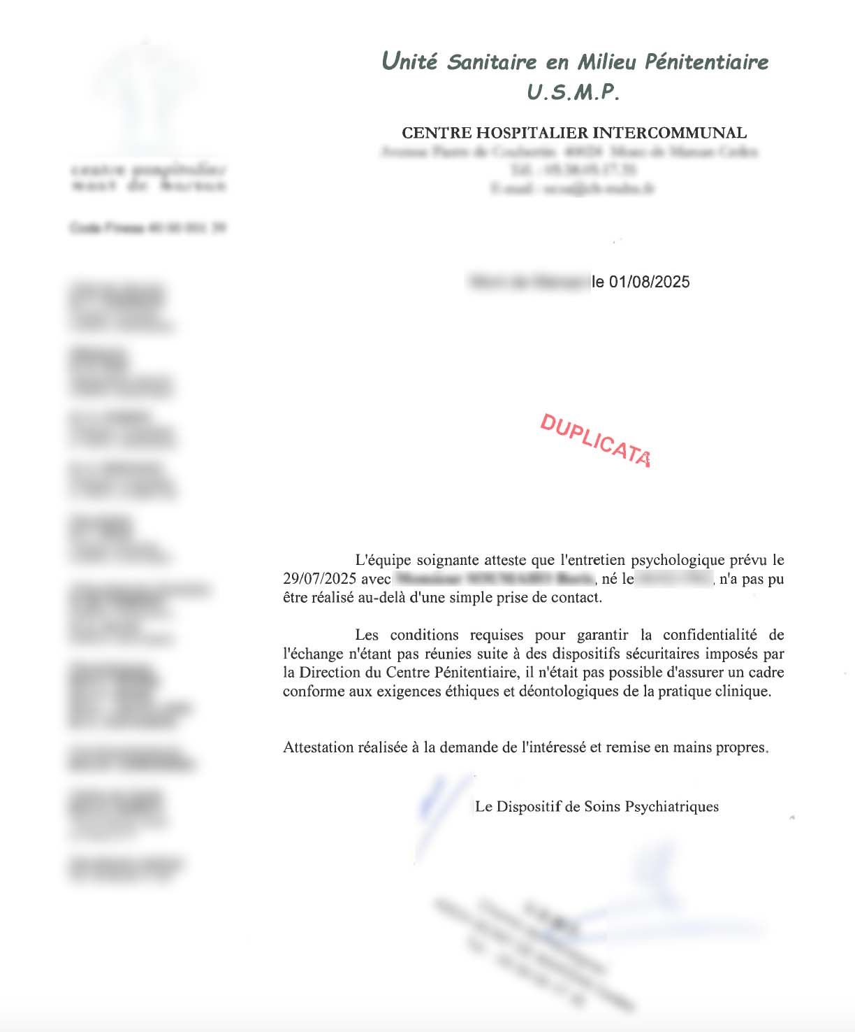 Certificat médical Unité Sanitaire en Milieu Pénitentiaire - 