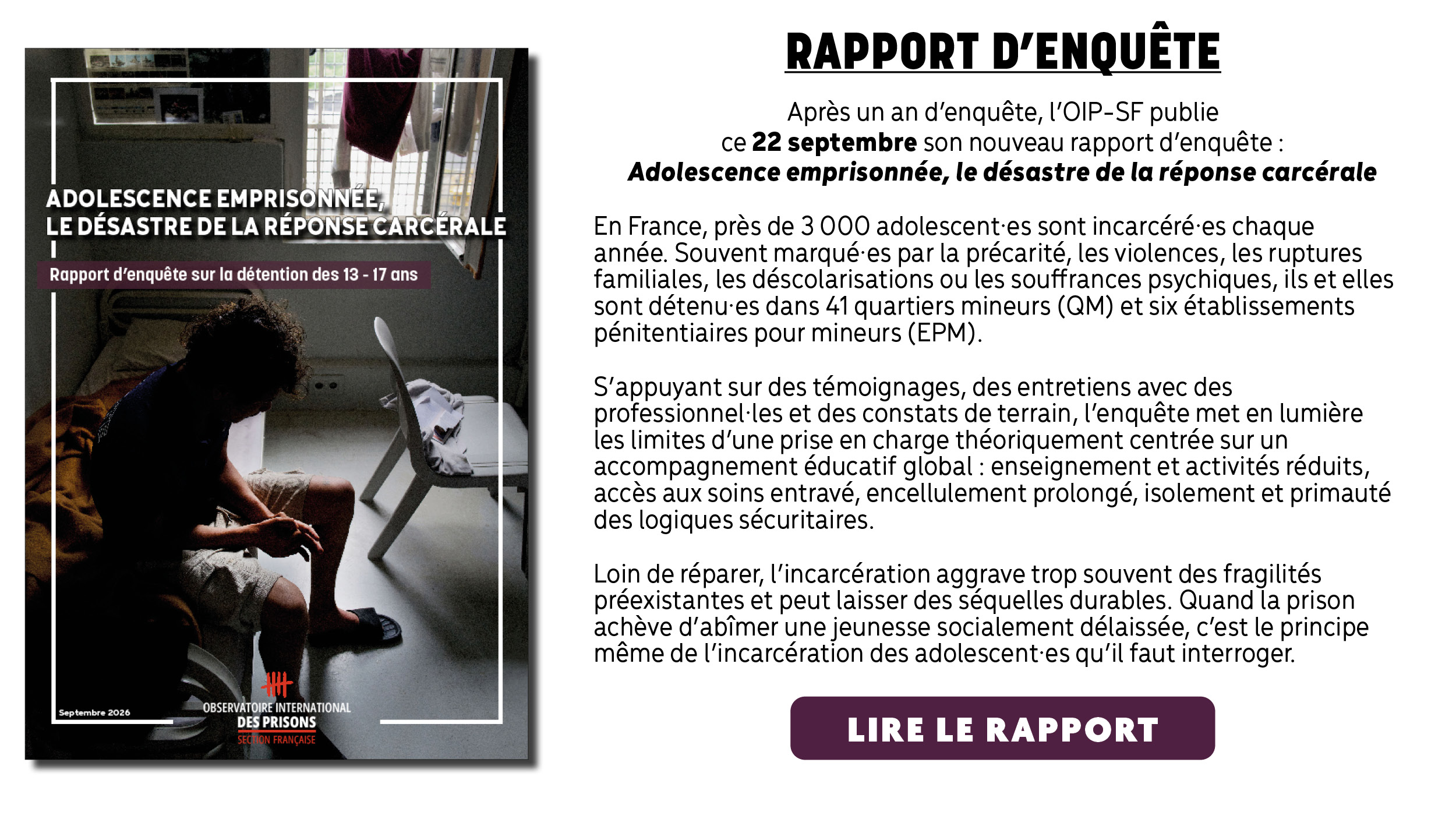 Rapport d’enquête : Adolescence emprisonnée, le désastre de la réponse carcérale
